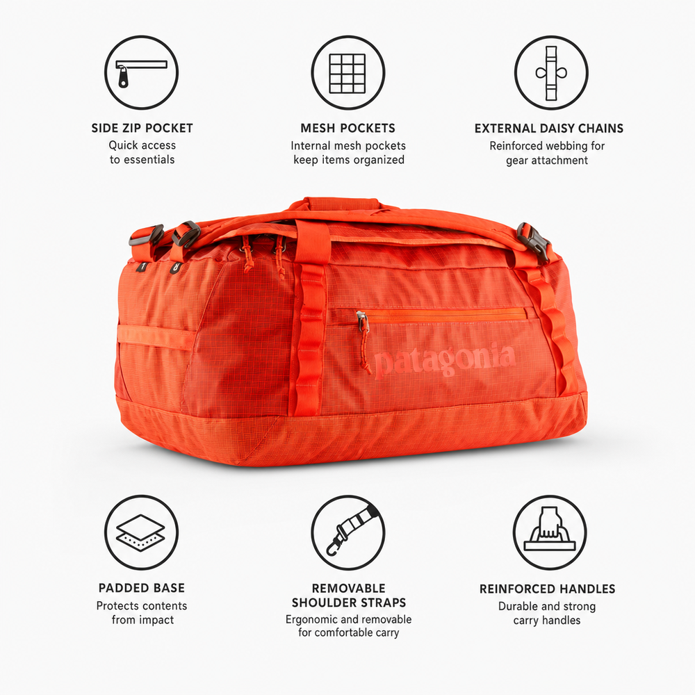 hot ember patagonia duffel Black Hole 40L Campmor and abrasion Patagonia Black Hole Duffel 40L