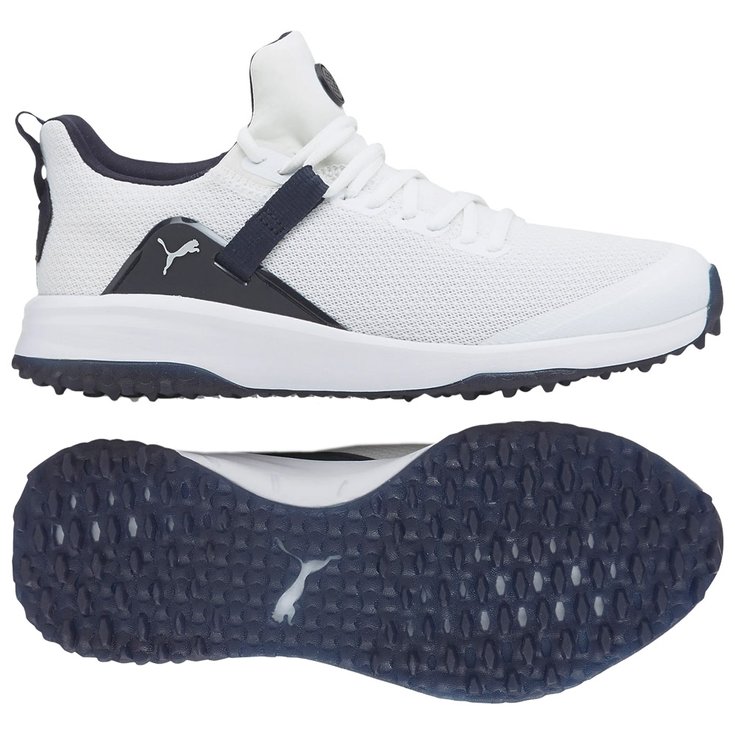Puma Golf Chaussures sans spikes Fusion Evo White Navy Blazer Présentation
