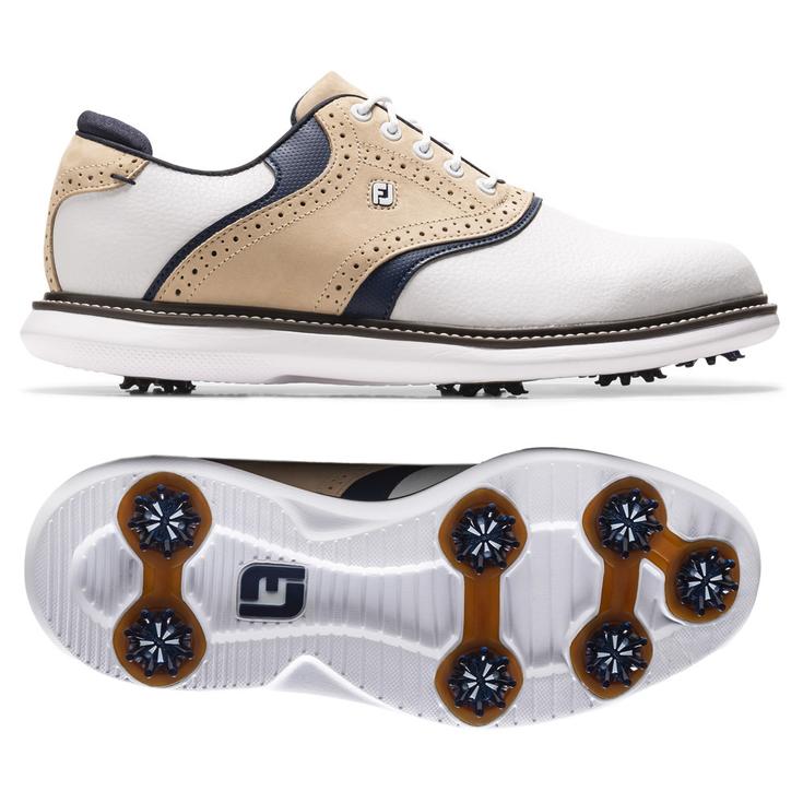 Footjoy Schuhe mit Spikes Traditions White Tan Navy Präsentation