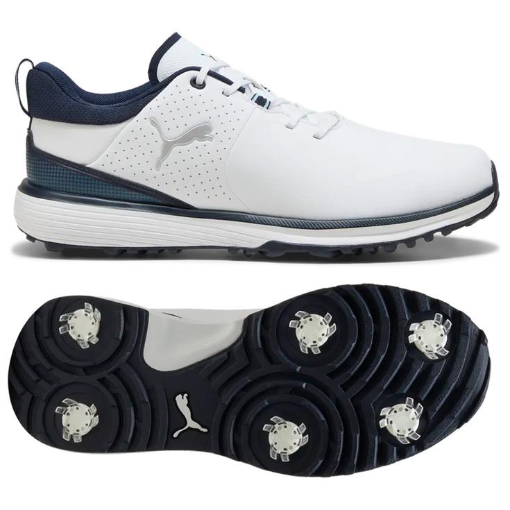 Puma Golf Schuhe mit Spikes Fusion Grip ST White SilverDeep Navy Präsentation