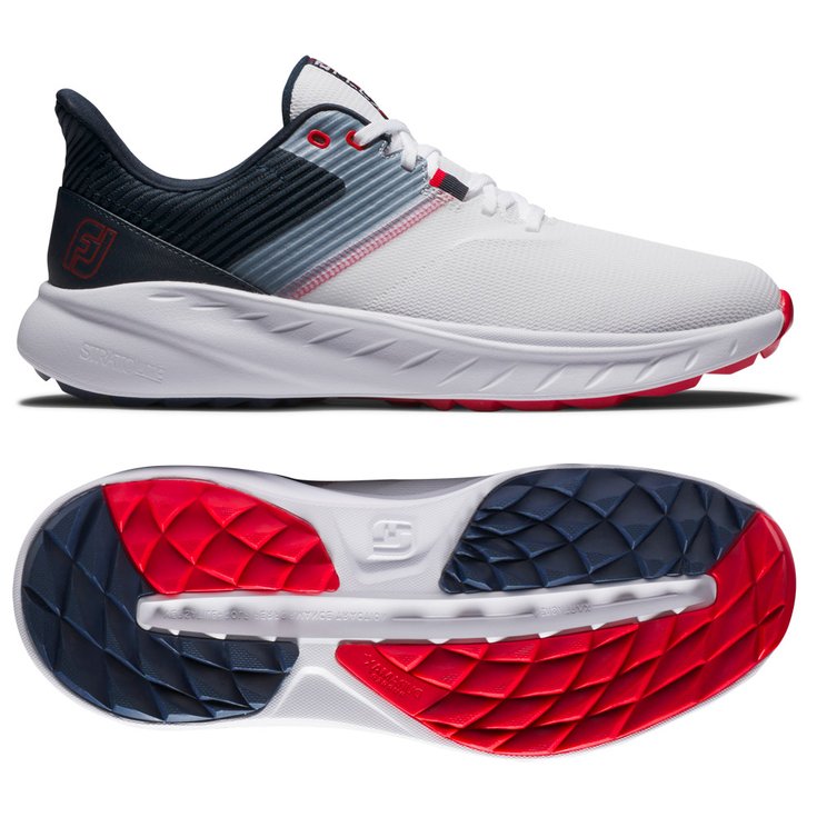 Footjoy Schuhe ohne Spikes Flex White Navy Red Präsentation